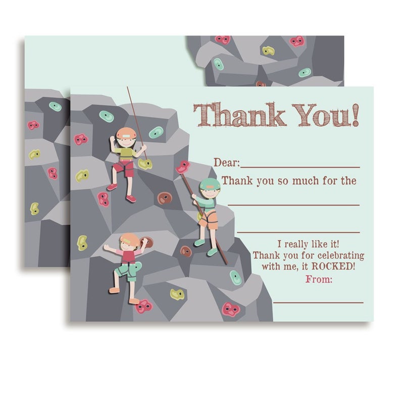 Amanda Creation Kids Thank You Cards Rock Climbing Birthday Party Thank You Notes, Ten 4" x 5.5" Fill-In The Blank Cards with 10 White Envelopes by AmandaCreation - Image 1